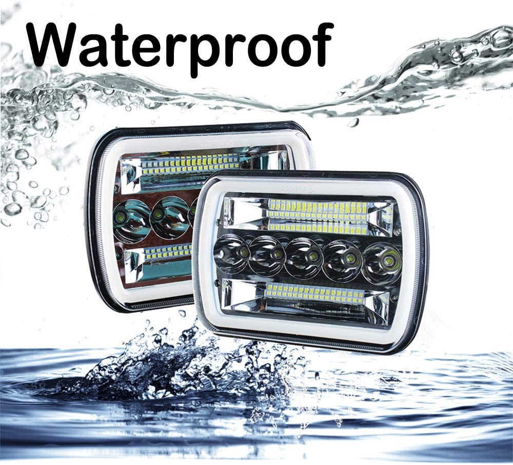 Super Bright Pair 7x6 5x7" Led Headlights 6052 6054 H5054 H6054 Hi/Low Sealed Beam White/Amber Halo Fit For TJ JK Cherokee XJ YJ Pickup Ram Express - Delicate Leather