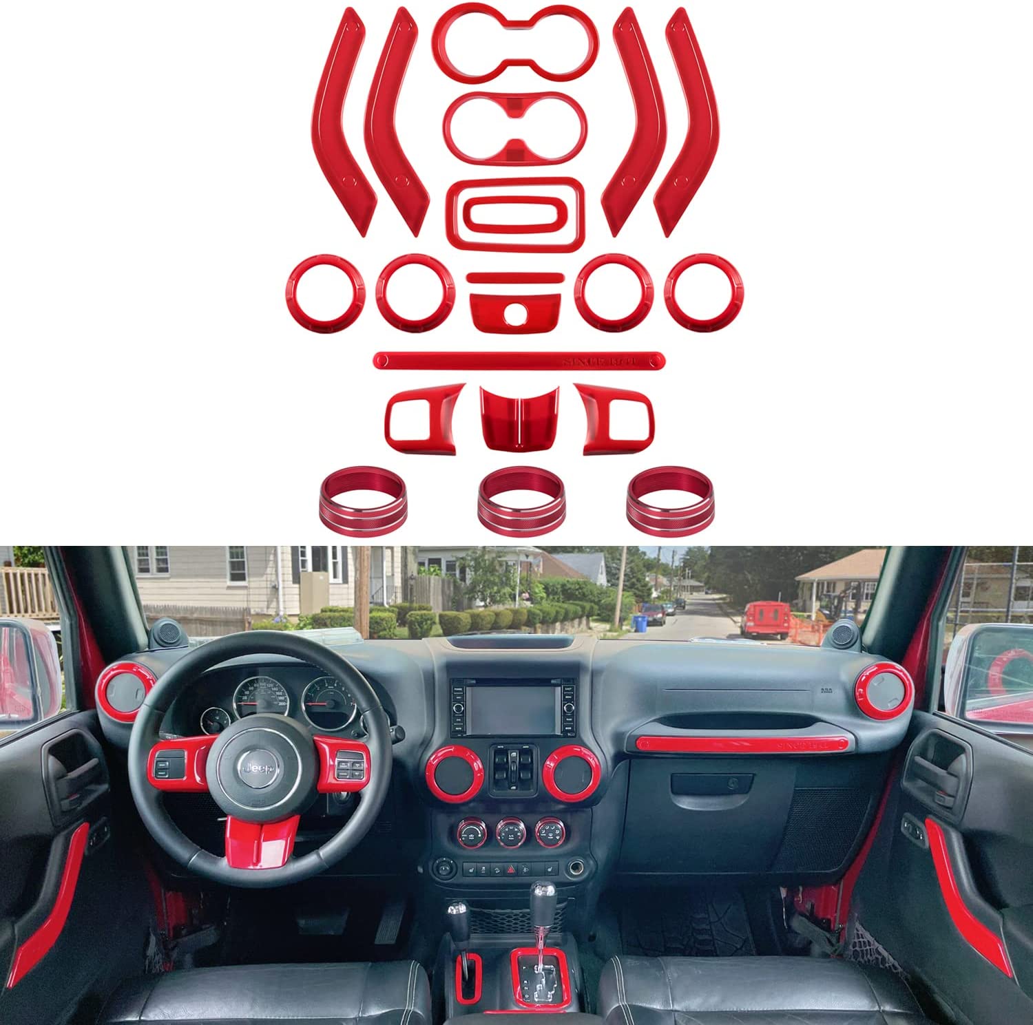 21 PCS Full Set Interior Decoration Trim Kit - Door Handle & Cup Cover, Steering Wheel & Center Console Trim, Gear Shift Knobs Frame & Air Outlet Cover Compatible with Wrangler JK JKU 2011-2018 2 & 4-Door - Delicate Leather