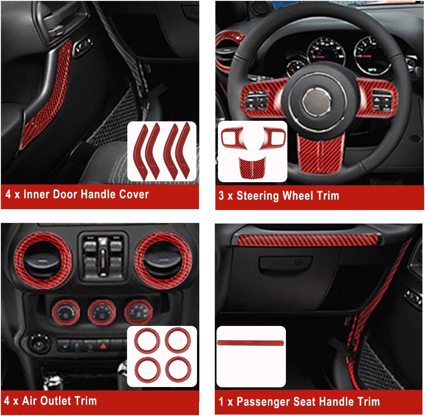 Interior Decoration Trim Kit Steering Wheel & Center Console Air Outlet Trim, Door Handle Cover Inner fits for 2011-18 Jeep Wrangler JK JKU - Delicate Leather