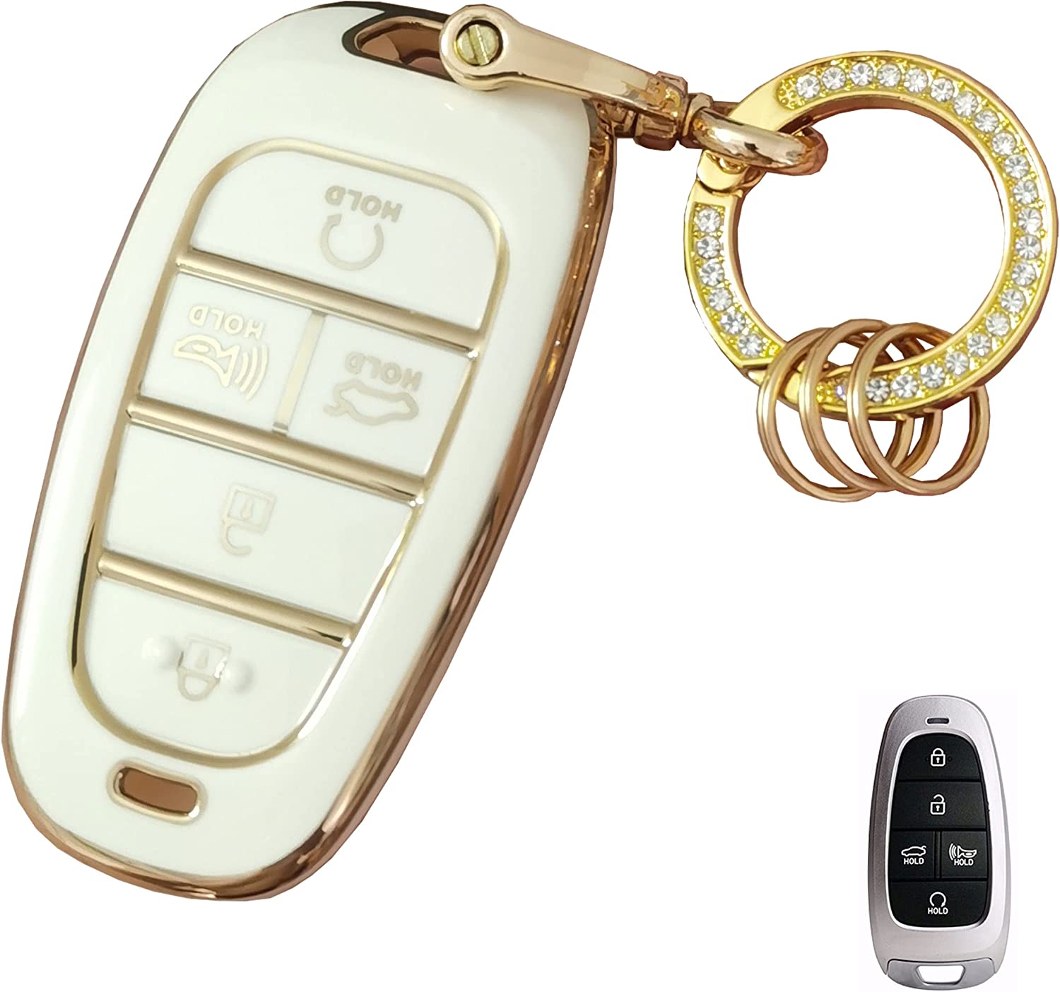 Hyundai Key Fob Cover Gold Keychain TPU Key Fob Shell Fit for Hyundai Sonata Santa fe Tucson (5 Buttons-White) - Delicate Leather