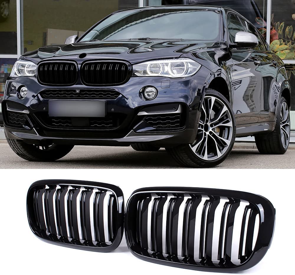 F15 Grill for X5 F15 X6 F16 X5M X6M 2014-2019 (ABS Gloss Black Kidney Grill, Double Slats, 2-pc Set) - Delicate Leather