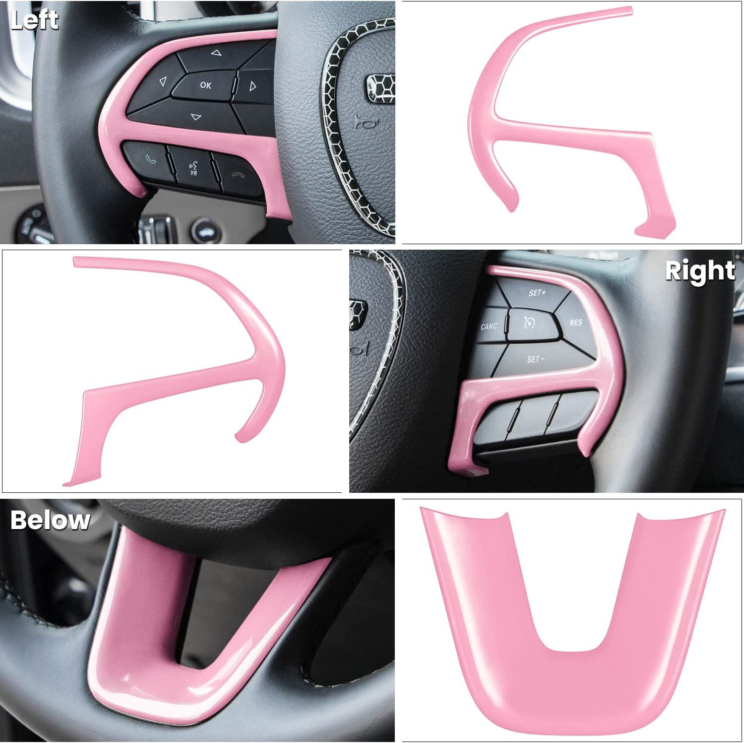 Steering Wheel Cover Trim Interior Accessories Decoration Kit for 2015-2021 Challenger Charger, for 2014-2021 Durango & Grand Cherokee SRT8 (Pink 3PCS) - Delicate Leather
