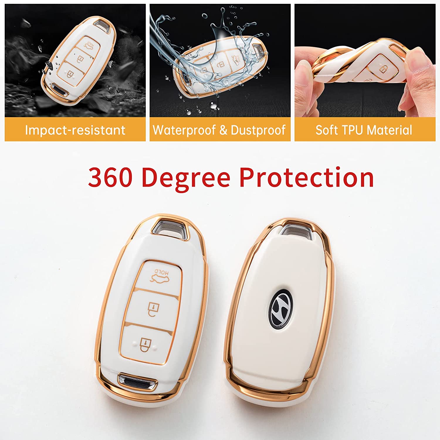 Hyundai Key Fob Cover with Keychain Lanyard, Soft TPU Key Fob Protector Shell Compatible with Hyundai Kona Santa Fe Elantra GT Veloster Accent Venue Smart Remote Case - Delicate Leather