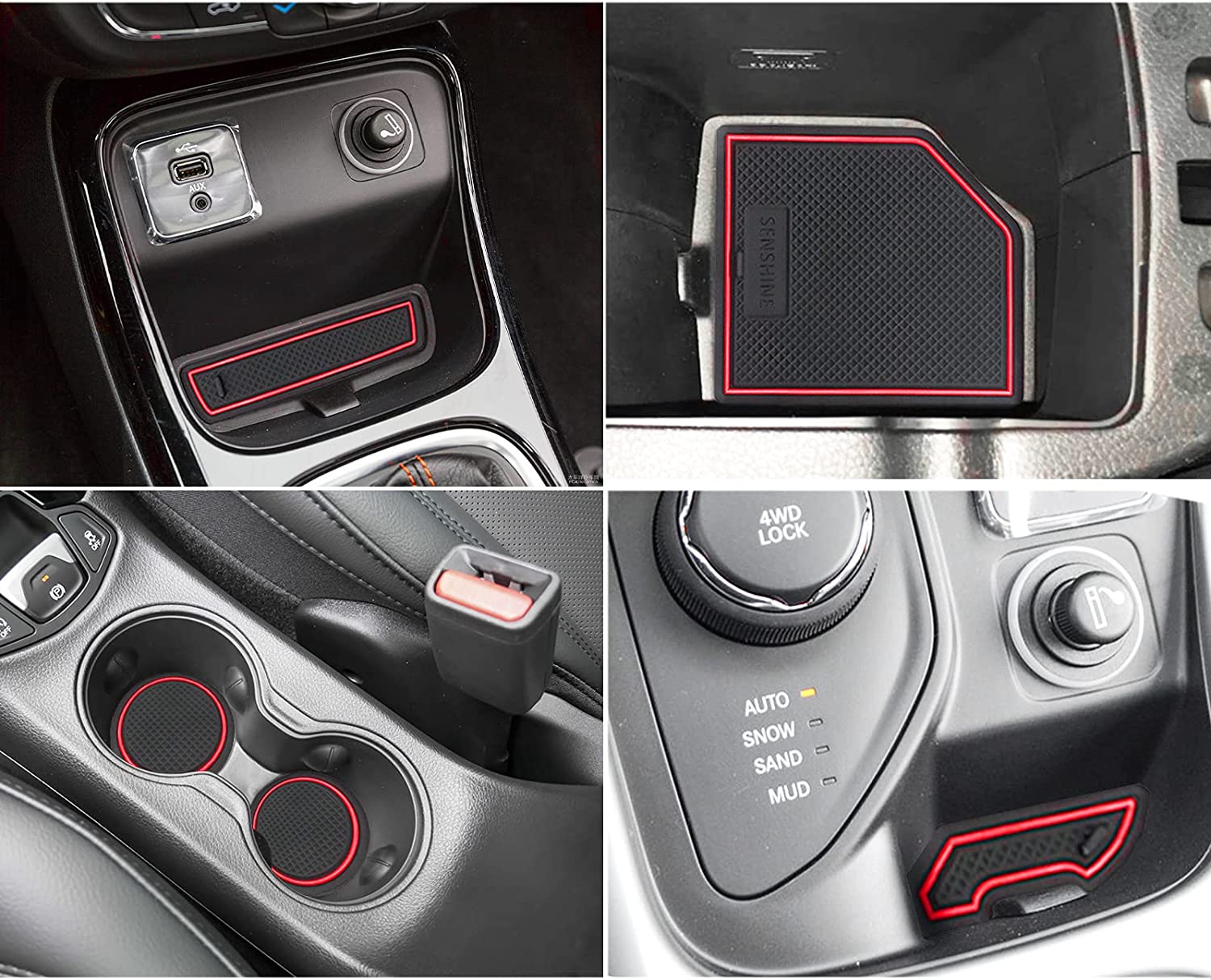 Compass Accessories 2018 2019 2020 2021 Non-Slip Anti Dust Cup Holder Insert Center Console Liner Door Packet Mats Premium Custom Interior 20PC Set (Red Trim) - Delicate Leather