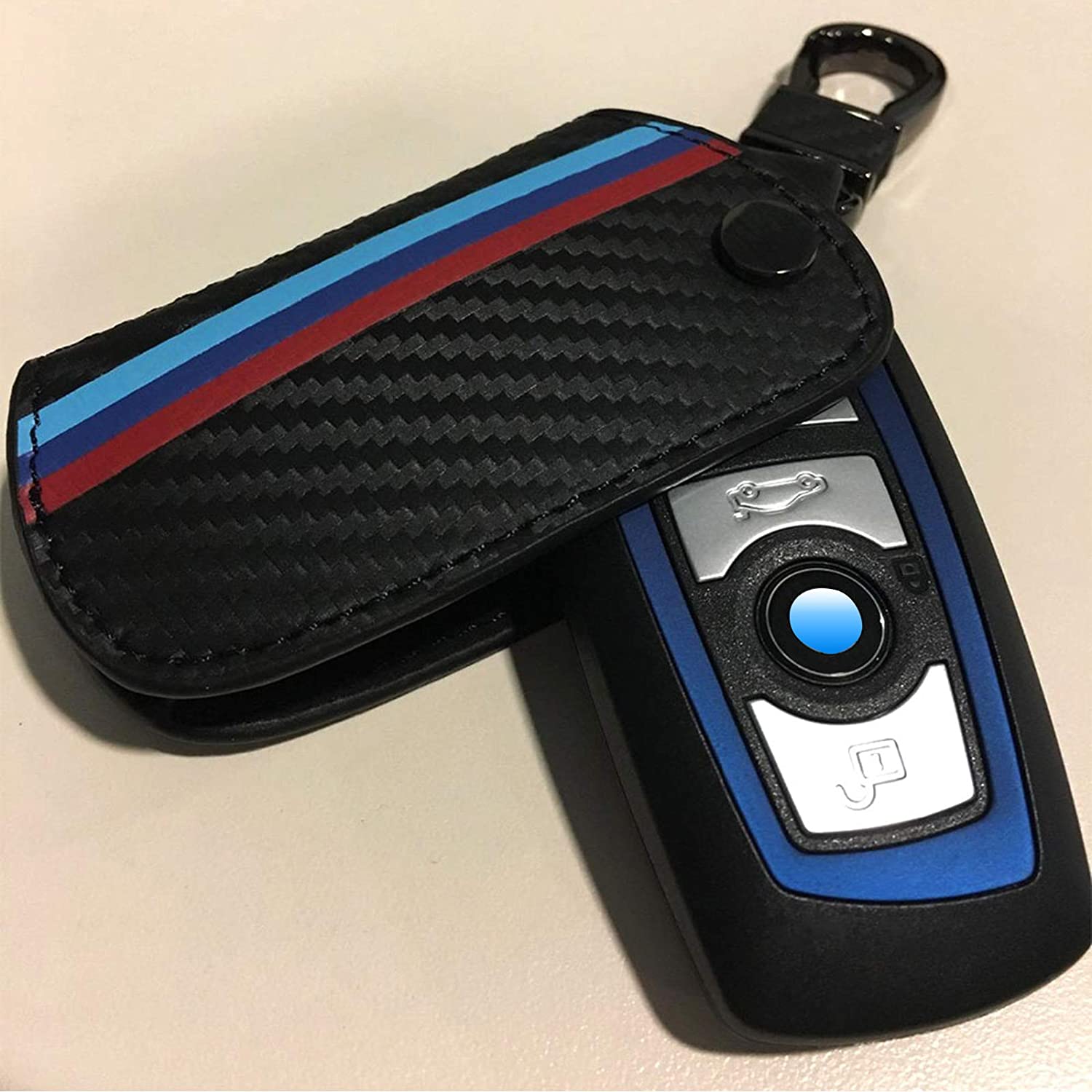 Key Fob Holder Protector Compatible with Remote Fob, M-Colored Stripe Black Carbon Fiber Pattern Leather Key Cover with Keychain - Delicate Leather