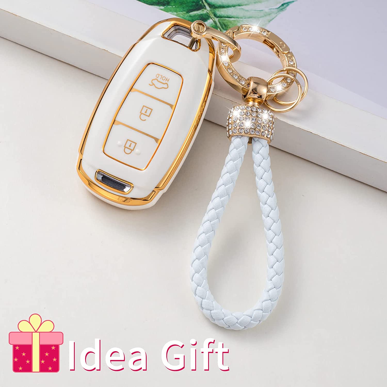 Hyundai Key Fob Cover with Keychain Lanyard, Soft TPU Key Fob Protector Shell Compatible with Hyundai Kona Santa Fe Elantra GT Veloster Accent Venue Smart Remote Case - Delicate Leather