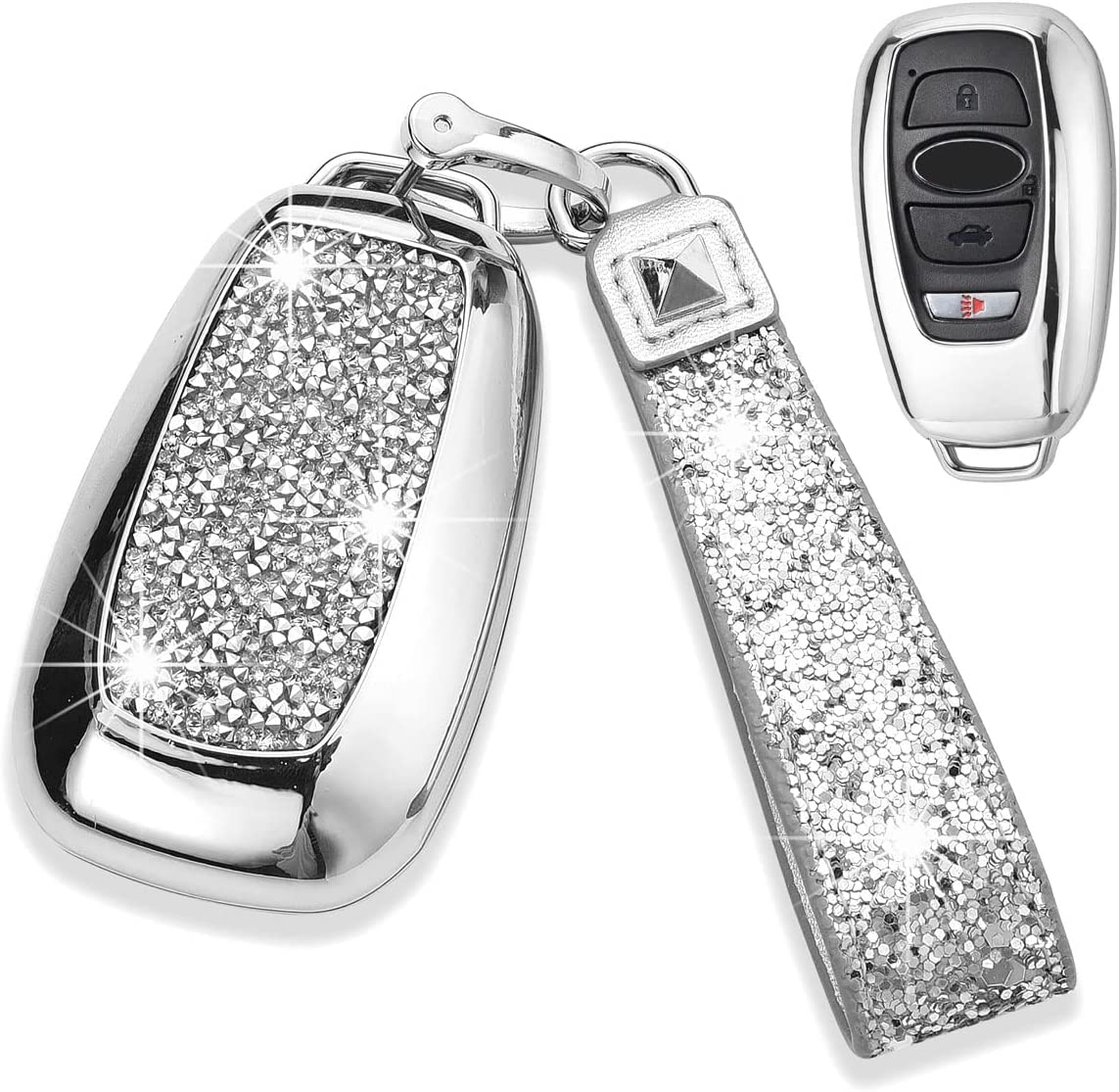 3 4 Buttons 3D Bling Diamond Fashion Smart Remote Key Fob Case Cover Compatible with Subaru Outback Forester Crosstrek Ascent BRZ WRX Legacy Impreza STI with Bling Keychain - Delicate Leather