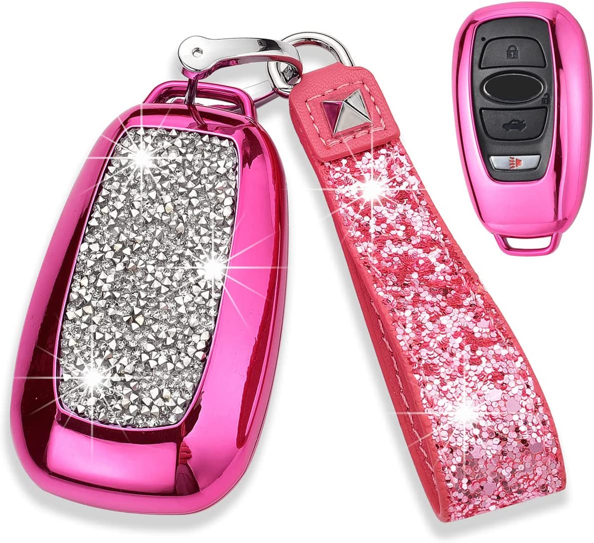 3 4 Buttons 3D Bling Diamond Fashion Smart Remote Key Fob Case Cover Compatible with Subaru Outback Forester Crosstrek Ascent BRZ WRX Legacy Impreza STI with Bling Keychain - Delicate Leather