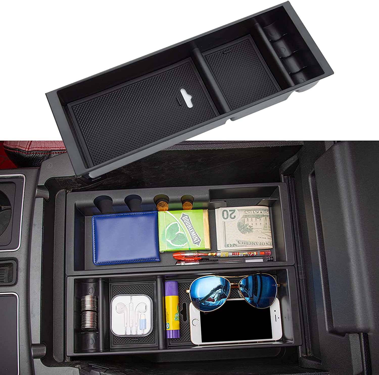 Center Console Organizer Compatible with F150 Accessories 2022 2021,Center Console Tray for F-150 Interior Accessories, Matte Black -(Full Console w/Bucket Seats ONLY) - Delicate Leather