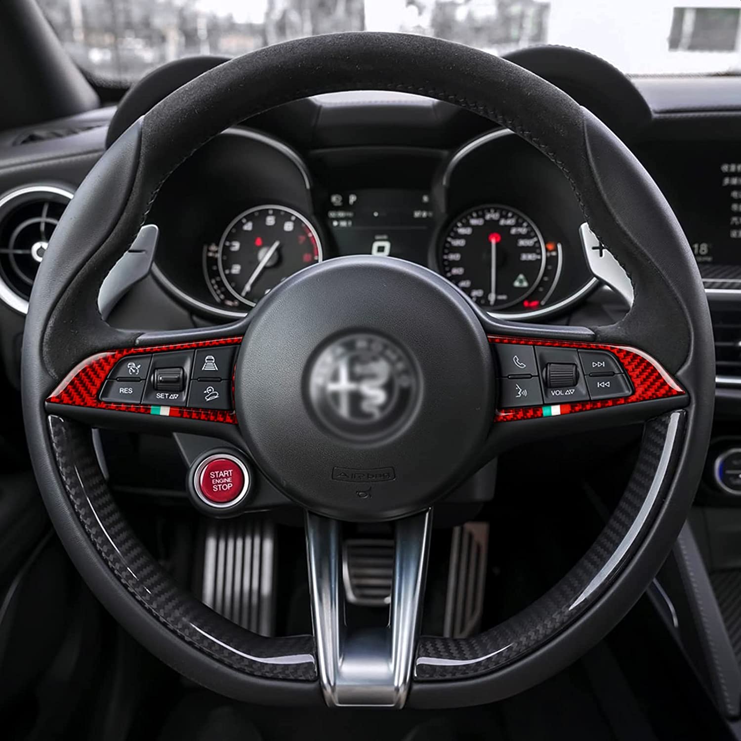 2PCS Car Steering Wheel Sticker Decal Cover Carbon Fiber Trim Compatible with Alfa Romeo Giulia Stelvio 2017 2018 2019 Interior Accessories - Delicate Leather