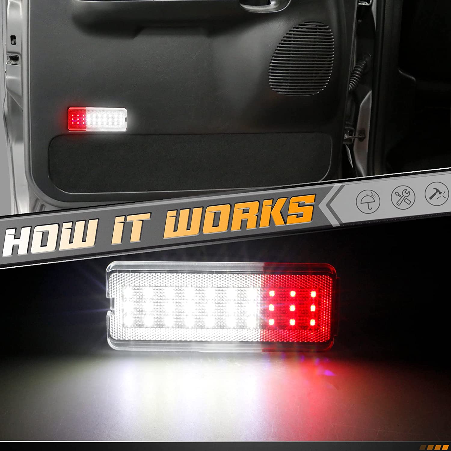 LED Interior Door Light Premium Reflector Door Panel Courtesy Lights White & Red Lamp Compatible with Ford Excursion 2000-2005, F250 F350 F450 F550 Super Duty 1999-2007, Pack of 2 - Delicate Leather