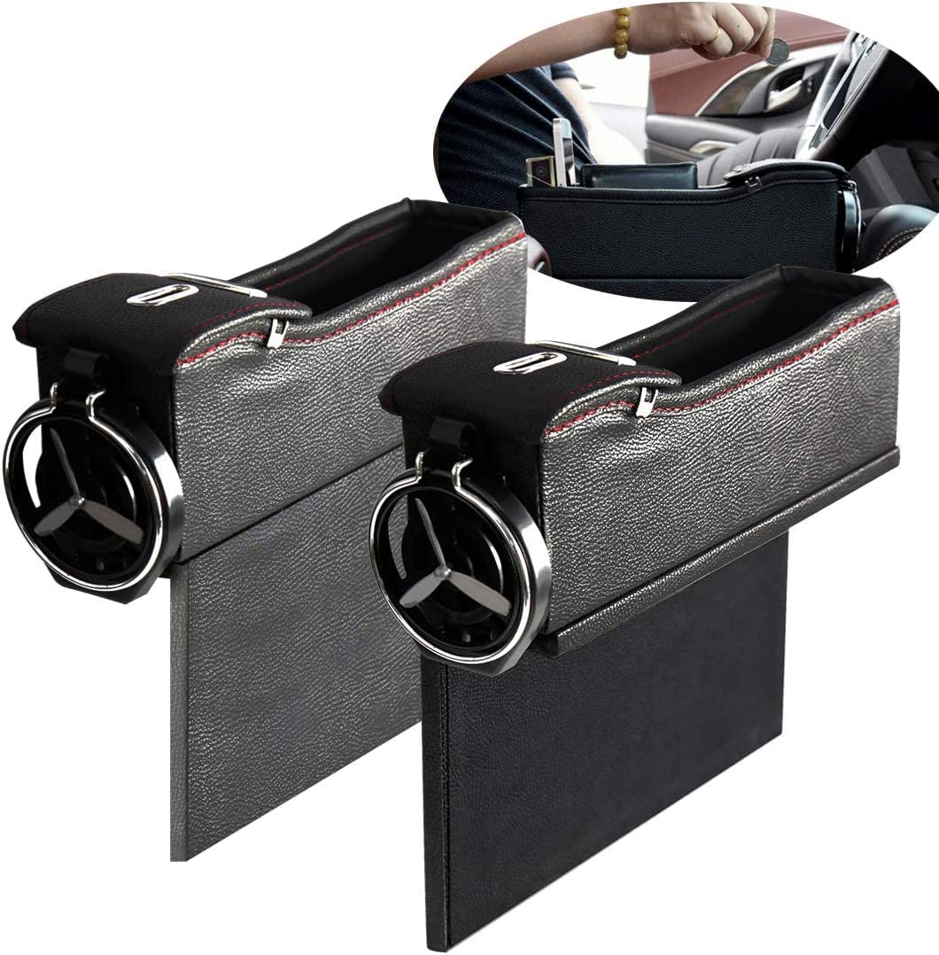 Universal Car Seat Gap Filler, Custom For Cars, Premium PU Leather Side Pocket Organizer, Seat Crevice Storage Box with Cup Holder for Smartphone Coin Wallet Key, Car Interior Accessories 2PCS - Delicate Leather