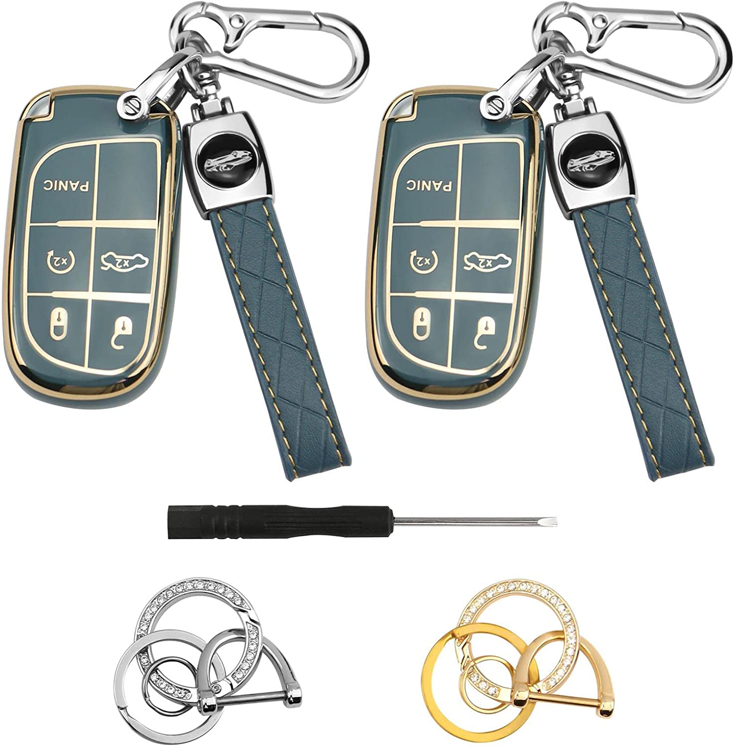 2Set Gift Package key fob cover with for keychain, Compatible with grand cherokee key fob cover, Blue - Delicate Leather