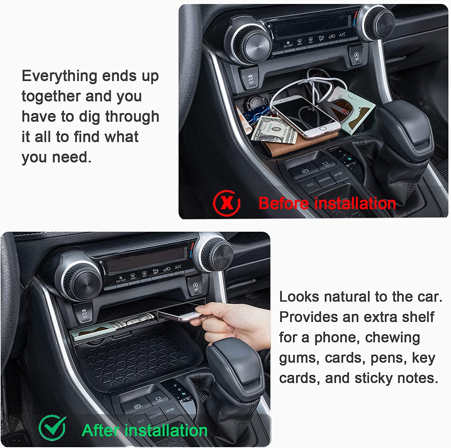 2024 Center Console Organizer Compatible with Rav4 2019-2023 Accessories, Black Insert Secondary Storage Box ABS Material Divider Phone Holder - Delicate Leather