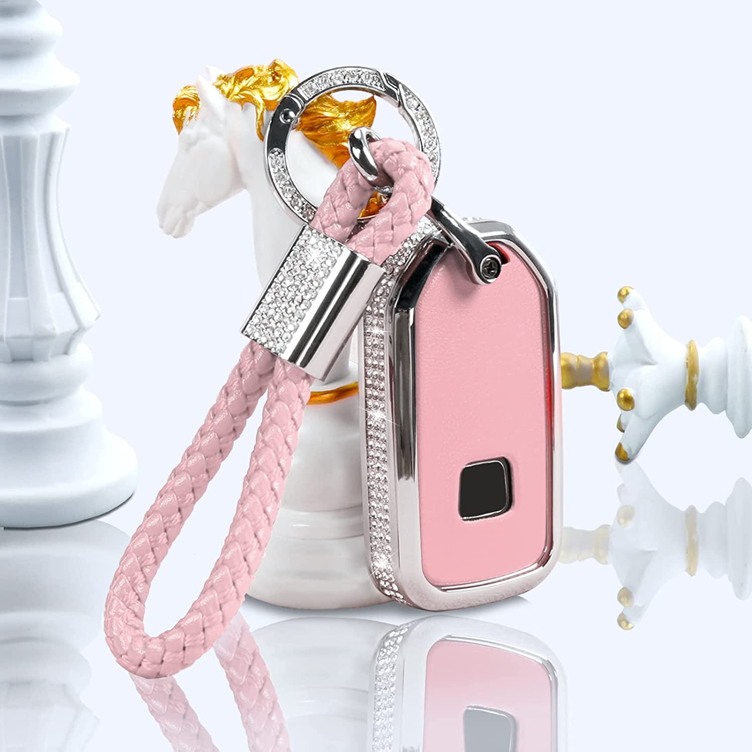 Honda Key Fob Cover with Keychain, Crystal Rhinestones Car Replacement Case, Pink Shell Fit Accord Civic CRV Pilot HRV Odyssey Ridgeline Passport - Delicate Leather