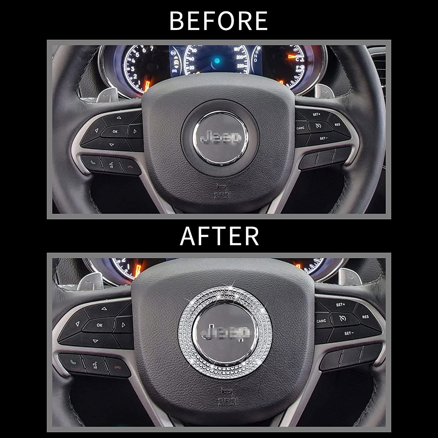 Bling Car Accessories for Women Compatible with Steering Wheel, Rhinestone Diamond Car Decorations Interior Decal Sticker Fit for Cherokee Compass Renegade Gladiator - Delicate Leather