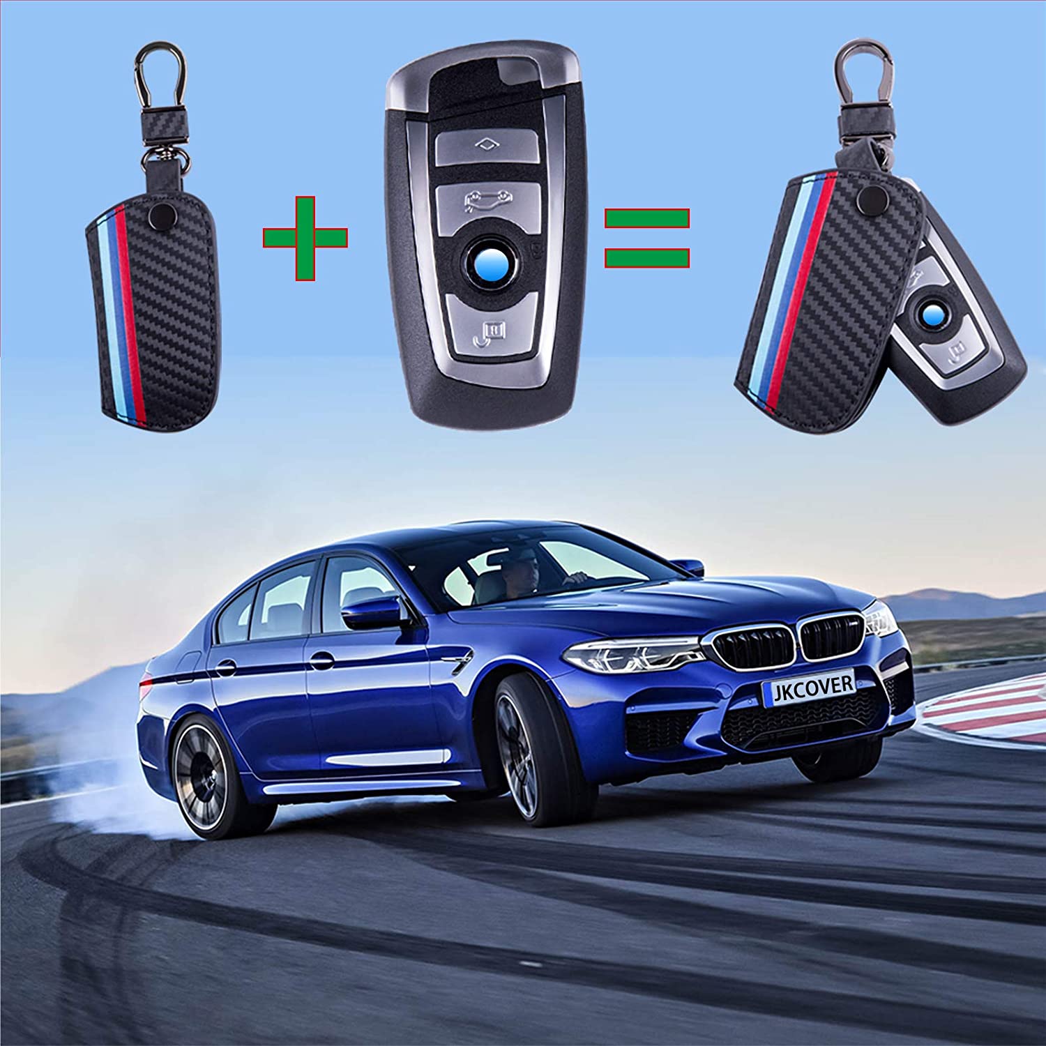 Key Fob Holder Protector Compatible with Remote Fob, M-Colored Stripe Black Carbon Fiber Pattern Leather Key Cover with Keychain - Delicate Leather