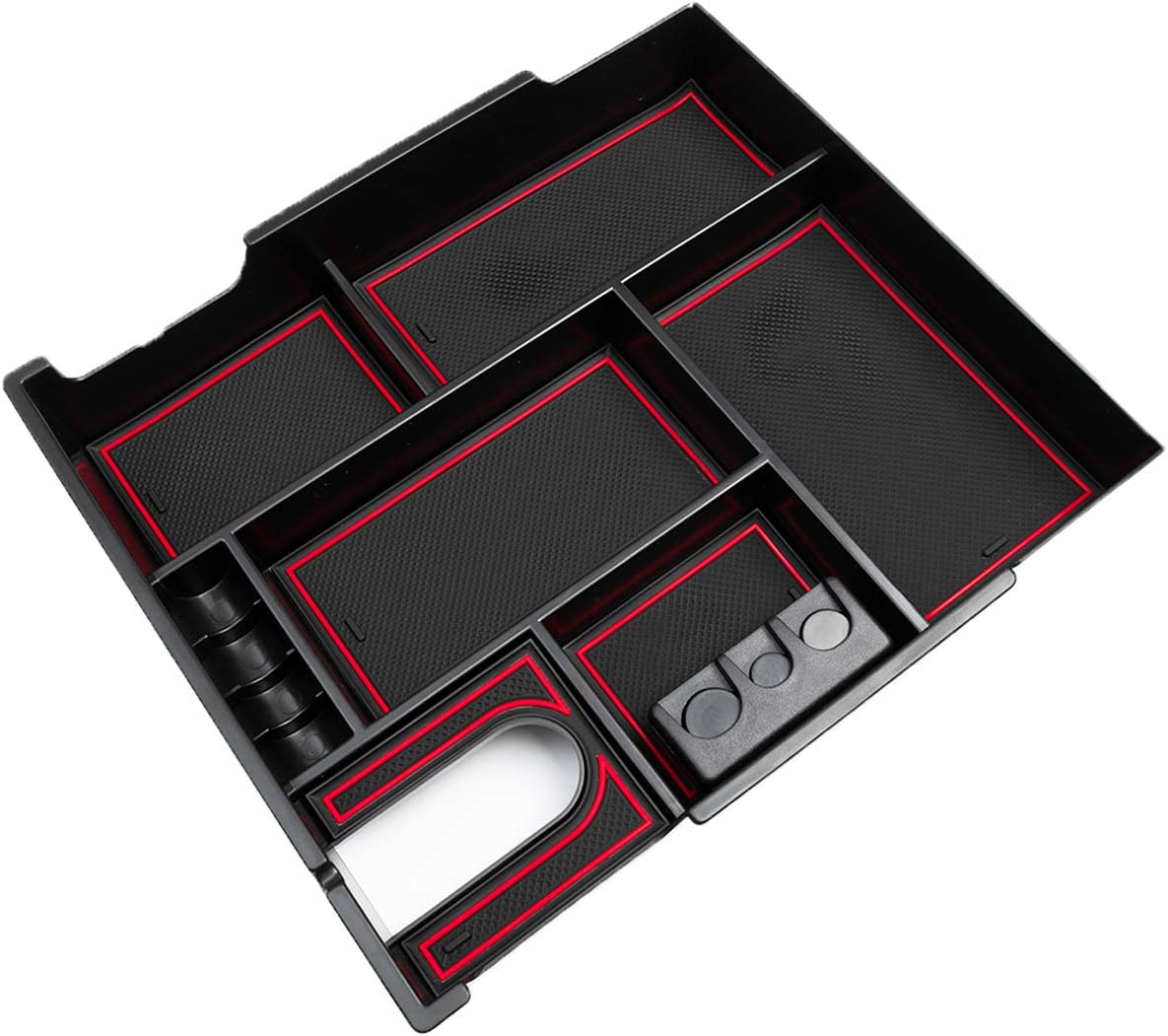 Center Console Organizer Compatible with Tundra Accessories, Insert ABS Black Materials Tray, Armrest Secondary Storage Box - Full Tray -Red Trim - Delicate Leather