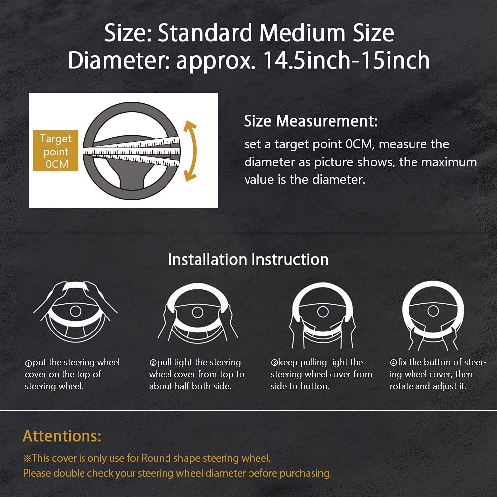 Steering Wheel Covers Round Shape Suede 14.5 Inches to 15 Inches Anti-Slip Breathable Car Steering Wheel Accessories for Women Men - Delicate Leather