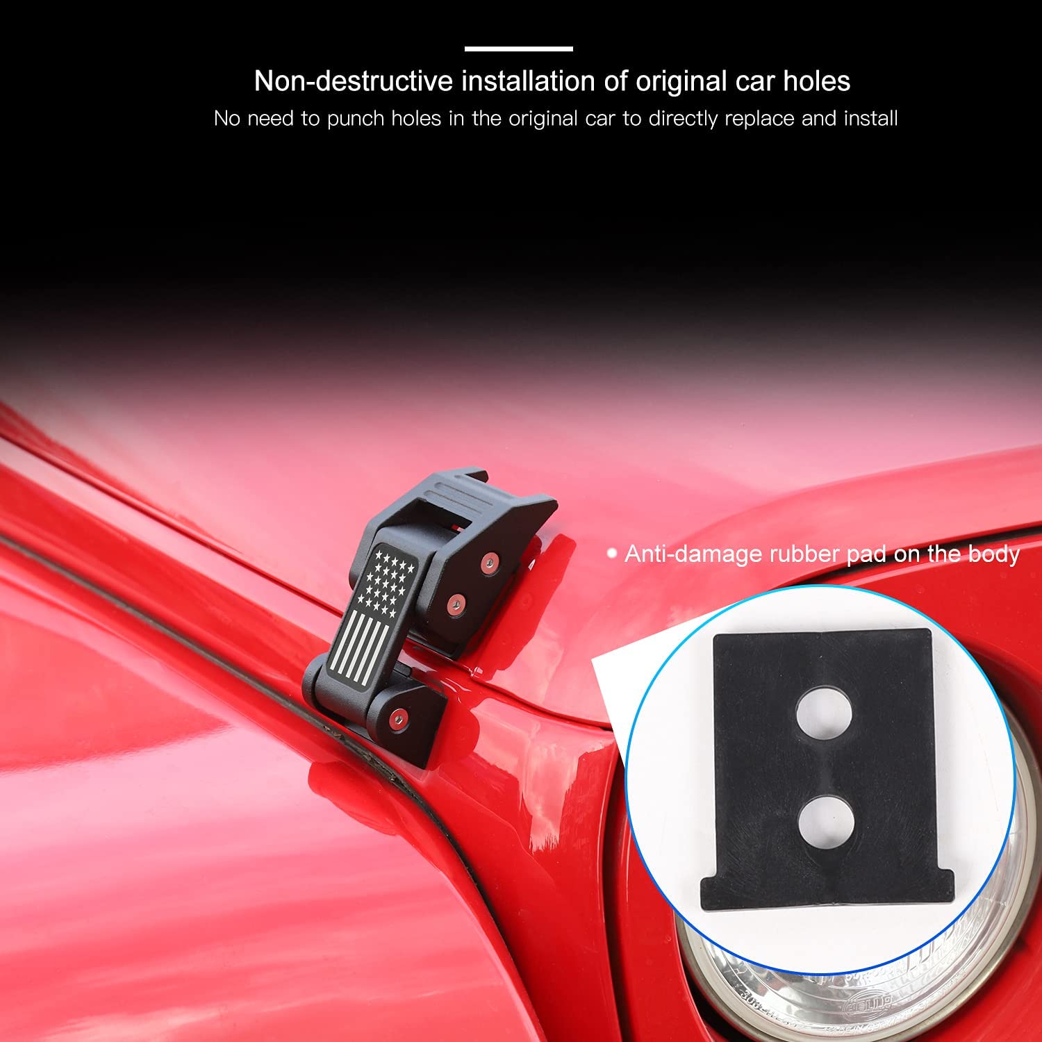 2PC Aluminum Hood Latches Catch Kit with U.S. Flag Style for Wrangler JK JKU 2007-2018 - Delicate Leather