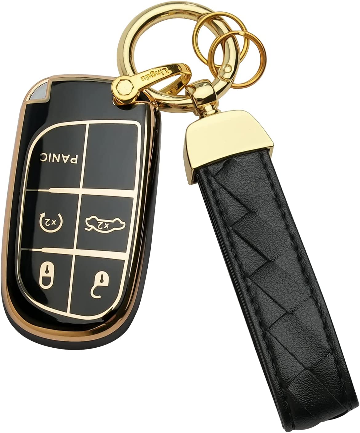 Jeep Key Fob Cover Keychain Fit for Grand Cherokee Renegade Chrysler 200 300 Dodge RAM Durango Challenger Journey Smart Key Shell Case (Black) - Delicate Leather