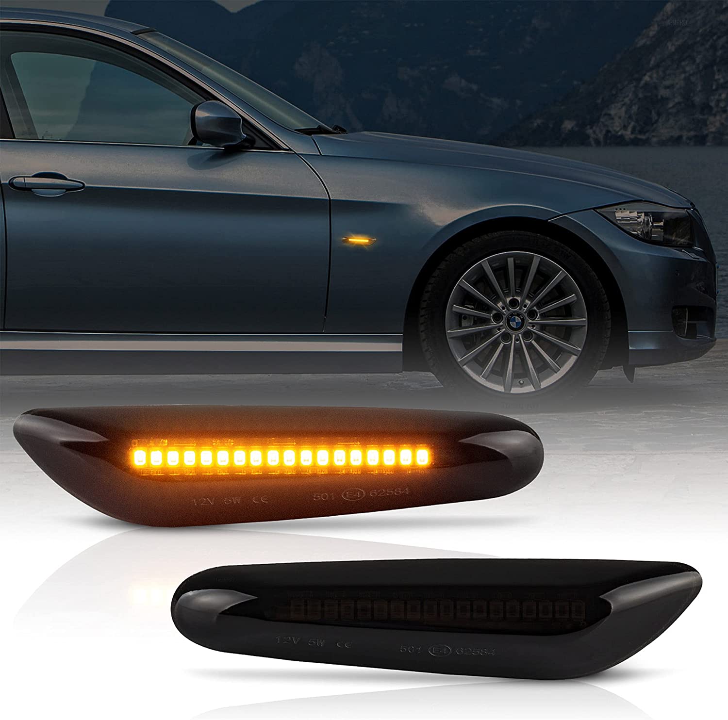2-Pack Amber LED Side Marker Turn Signal Lights Smoke Lens Blinker Compatible with E90 E91 E92 E93 E46 E53 E60 E61 X3 E83 X1 E84 E81 E82 E87 E88 - Delicate Leather