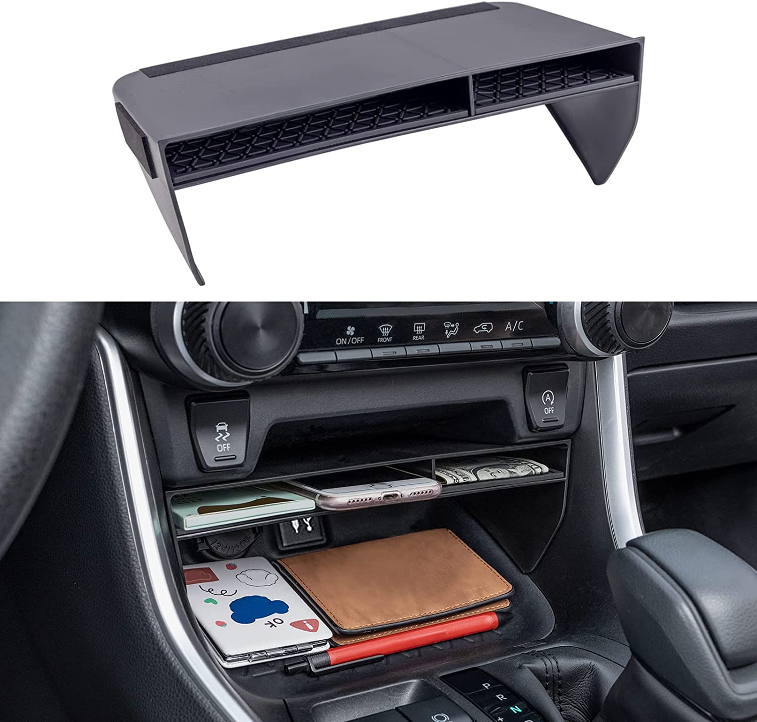 2024 Center Console Organizer Compatible with Rav4 2019-2023 Accessories, Black Insert Secondary Storage Box ABS Material Divider Phone Holder - Delicate Leather