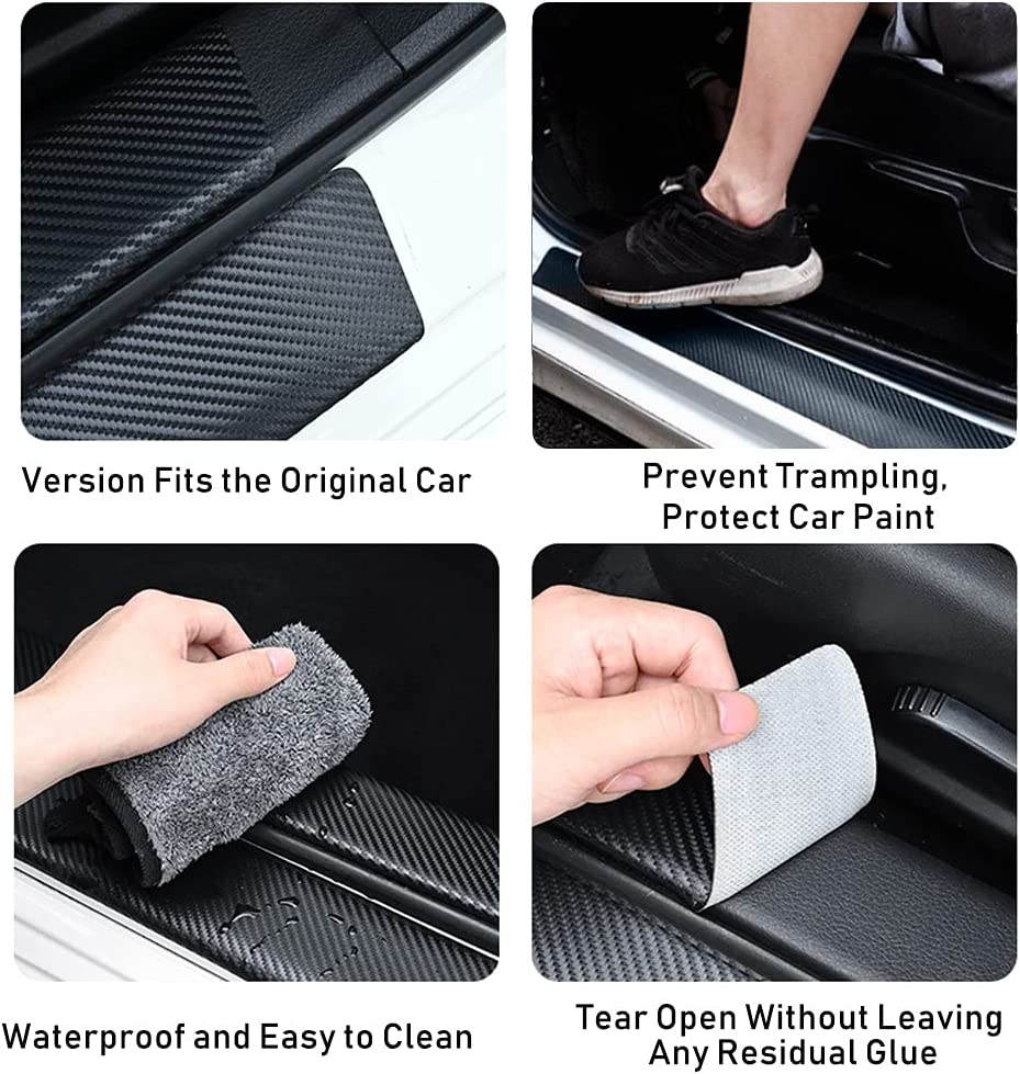 5PCS for Mitsubishi Door Sill Plate Protectors, Self-Adhesive Carbon Fiber Vinyl Reflective Front/Rear Door Sill Scuff Plate Guard, Welcome Pedal Protector Cover - Delicate Leather