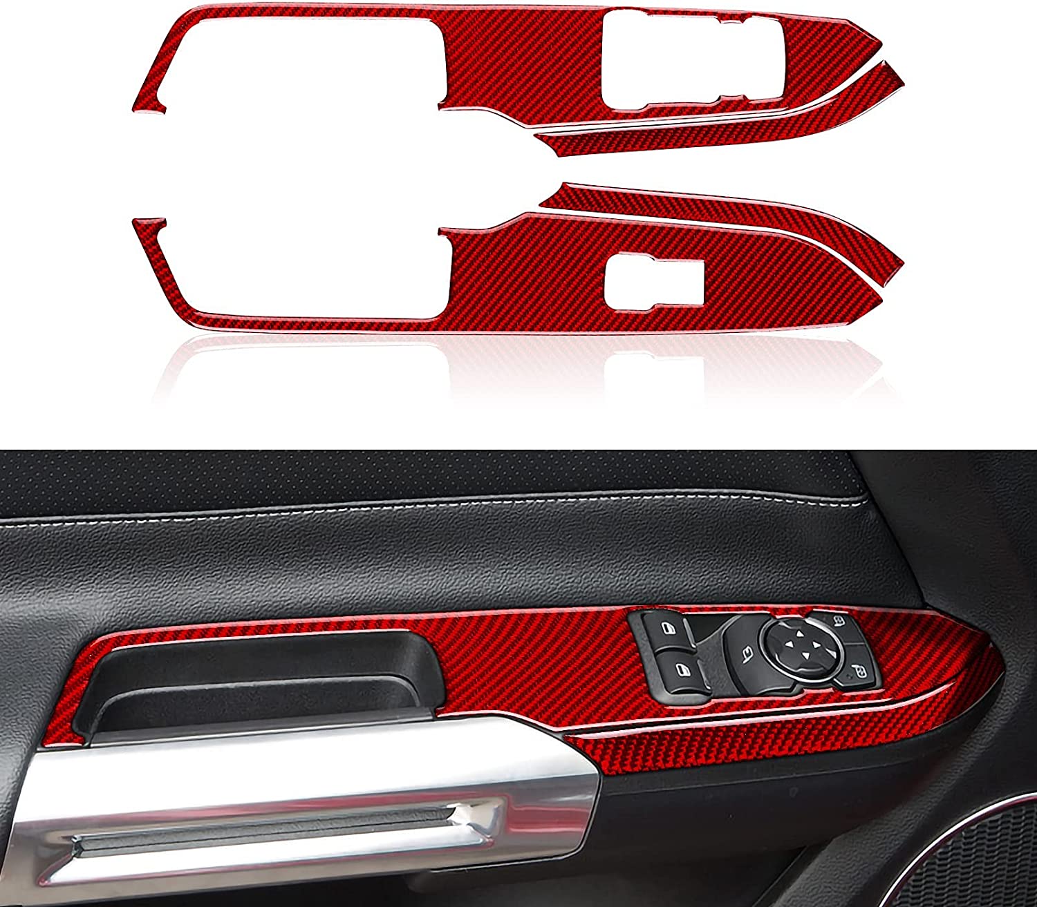 Car Window Switch Control Panel Trim Sticker Carbon Fiber Interior Decal Cover for Ford Mustang 2015 2016 2017 2018 2019 2020 Accessories - Delicate Leather