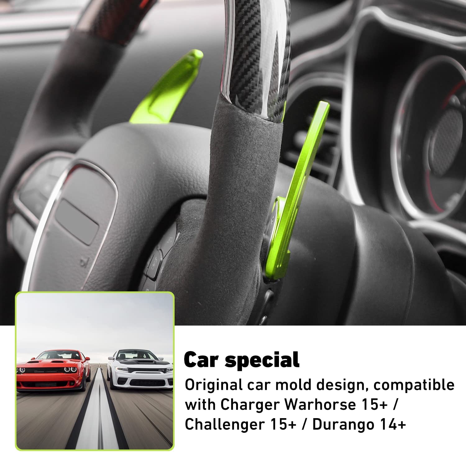 2PCS Wheel Shift Paddle Extended Shifter Trim Cover Compatible with Challenger Charger Durango RT & Scat Pack 2015-2022, Compatible with Grand Cherokee 2014-2022 Interior Decoration Accessories (Green) - Delicate Leather