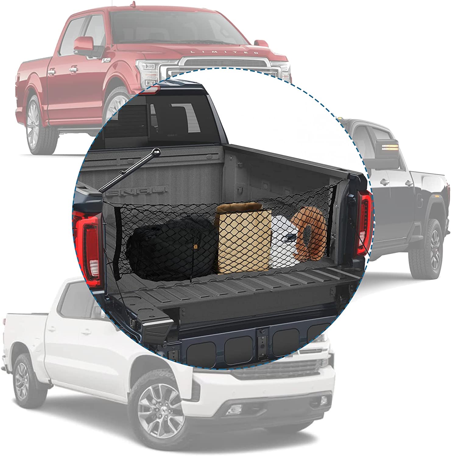 Pickup Truck Cargo Net, Envelope Style Trunk Organizers and Storage Net with 4 Metal Hooks, Fit for Silverado 2013-2022, Sierra 2013-2022 and F150 2015-2022 - Delicate Leather