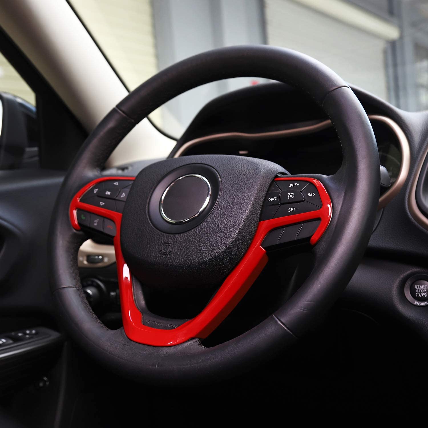 Steering Wheel Trim Cover Interior Decoration Trim Kit for 2014-2020 Grand Cherokee & Cherokee, Red - Delicate Leather