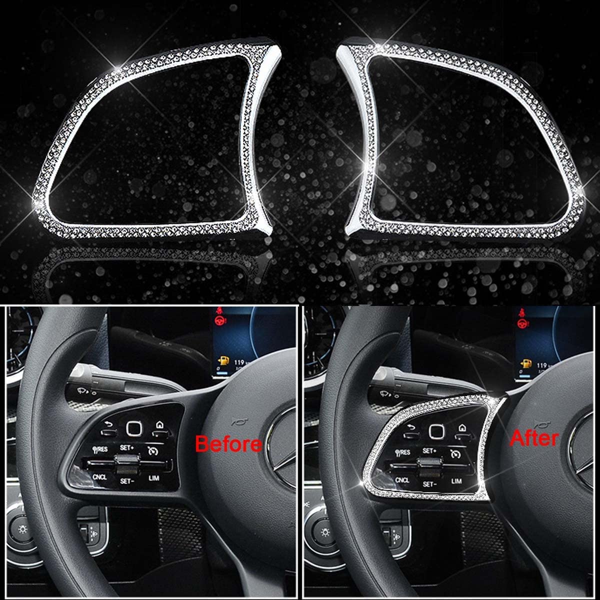 Pursuestar Bling Crystal Steering Wheel Button Frame Cover Car Interior Accessories Trim Sticker Decals custom-fit for A B Class GLA CLA 2019 2020 2021 2022 - Delicate Leather