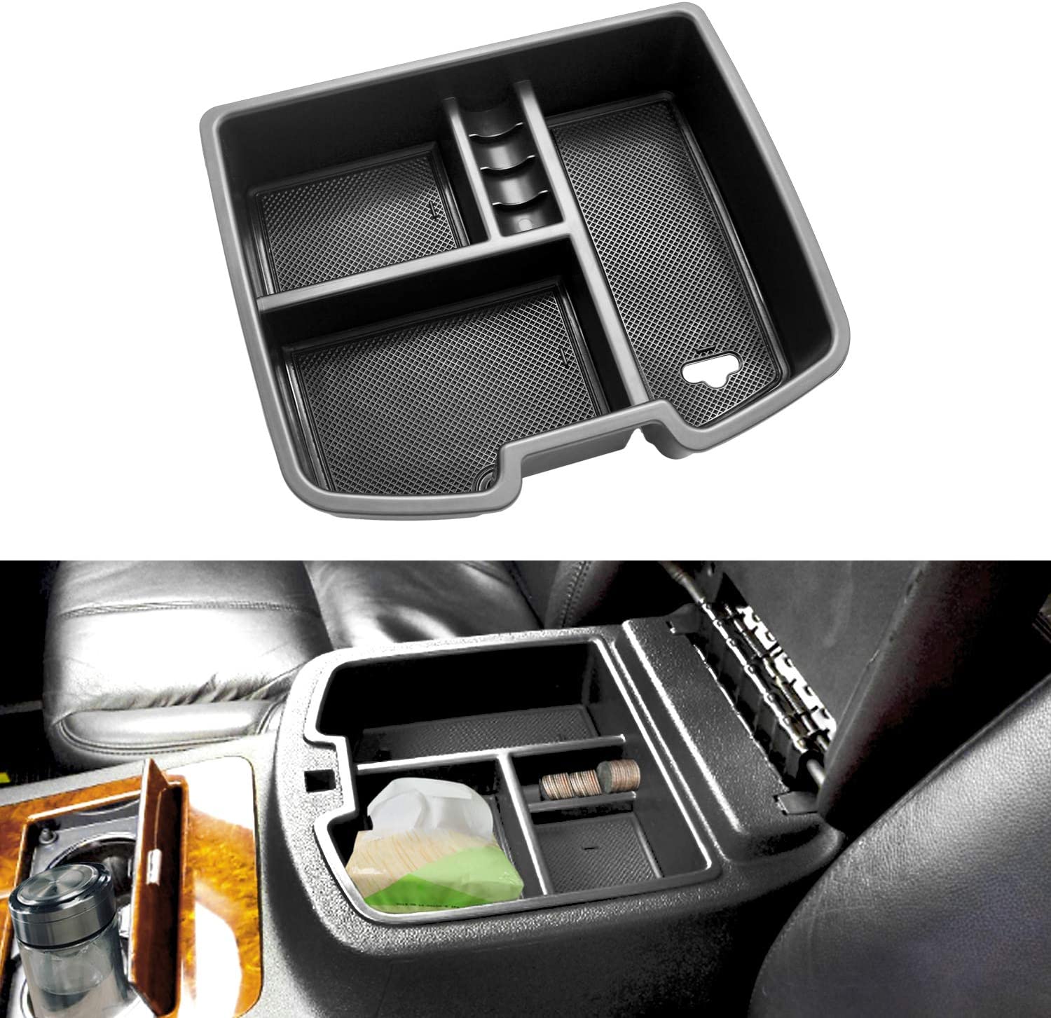 Center Console Tray Accessoies Armrest Box Secondary Storage Holder Organizer for Avalanche Tahoe Silverado Suburban 1500 2500 Pickup Truck Yukon, Black - Delicate Leather