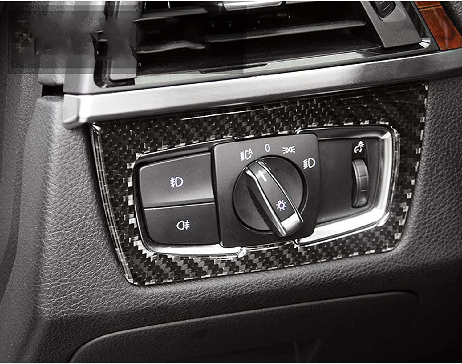 Headlight Switch Button Frame Cover Trim, Real Carbon Fiber, Compatible with BMW 3 Series F30 F31 2012-2018, GT F34 2014-2018, 4 Series F32 F33 F36 2014-2018 (2.24"x2.83") - Delicate Leather