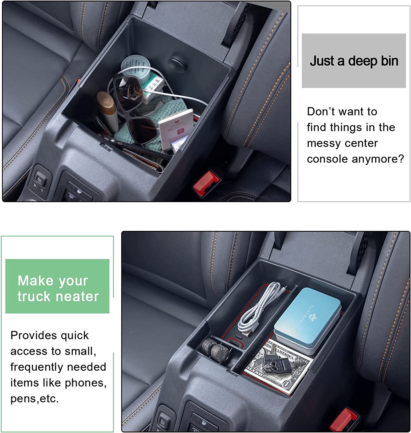 Red Center Console Tray Accessories, Full Size Armrest Storage Box Organizer ABS Plastic Black Insert (2/4 Door) - Delicate Leather