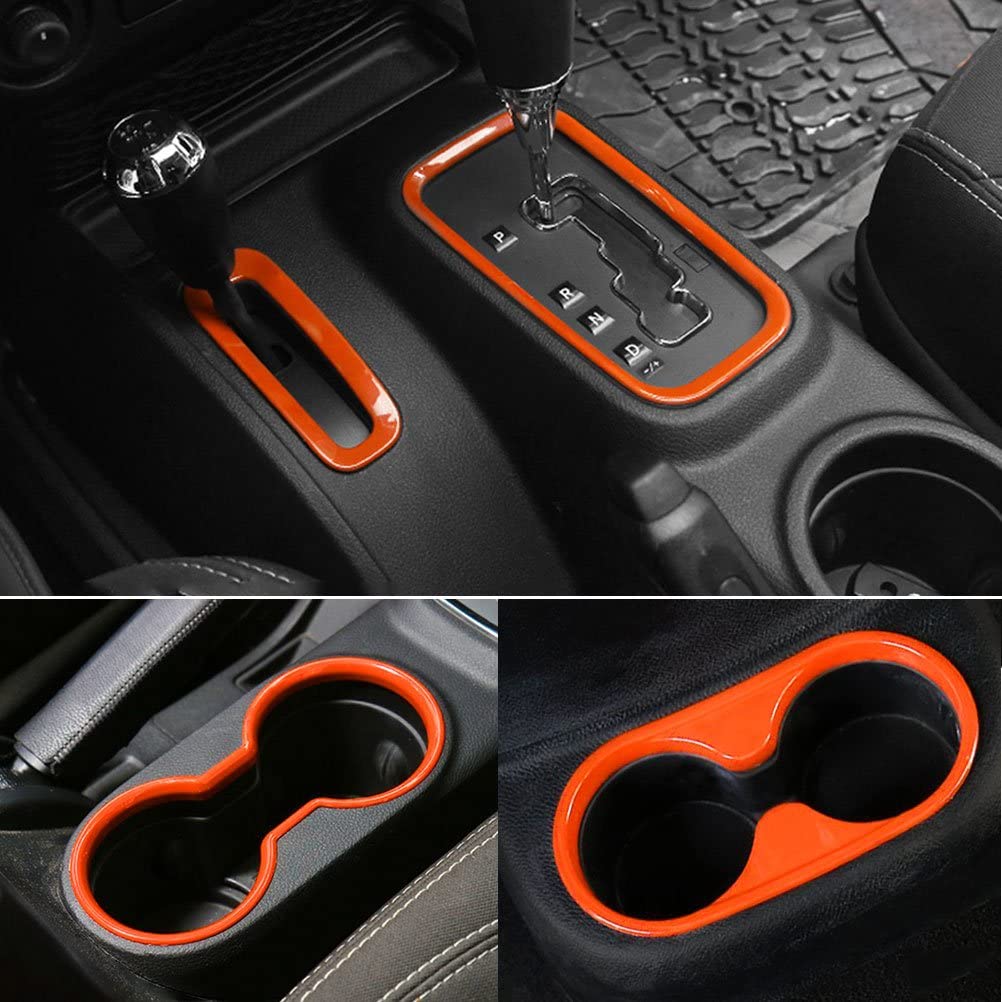 4PCS Interior Accessories Decoration Cover Trim Kit Front+Rear Water Cup Holder Trim Gear Shift Box Trim Transfer Case Trim Compatible with Wrangler JK JKU 2011-2018 4-Door (Orange) - Delicate Leather