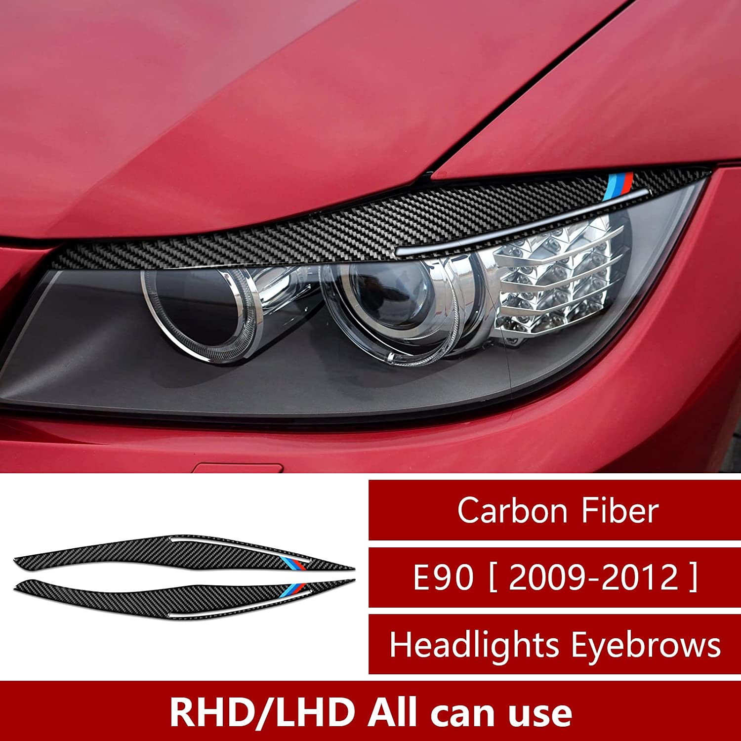 2PCS Headlights Eyebrows Car Eyelids Stickers Carbon Fiber Trim Cover Compatible with BMW Accessories -- ONLY for E90 2009-2012 - Delicate Leather