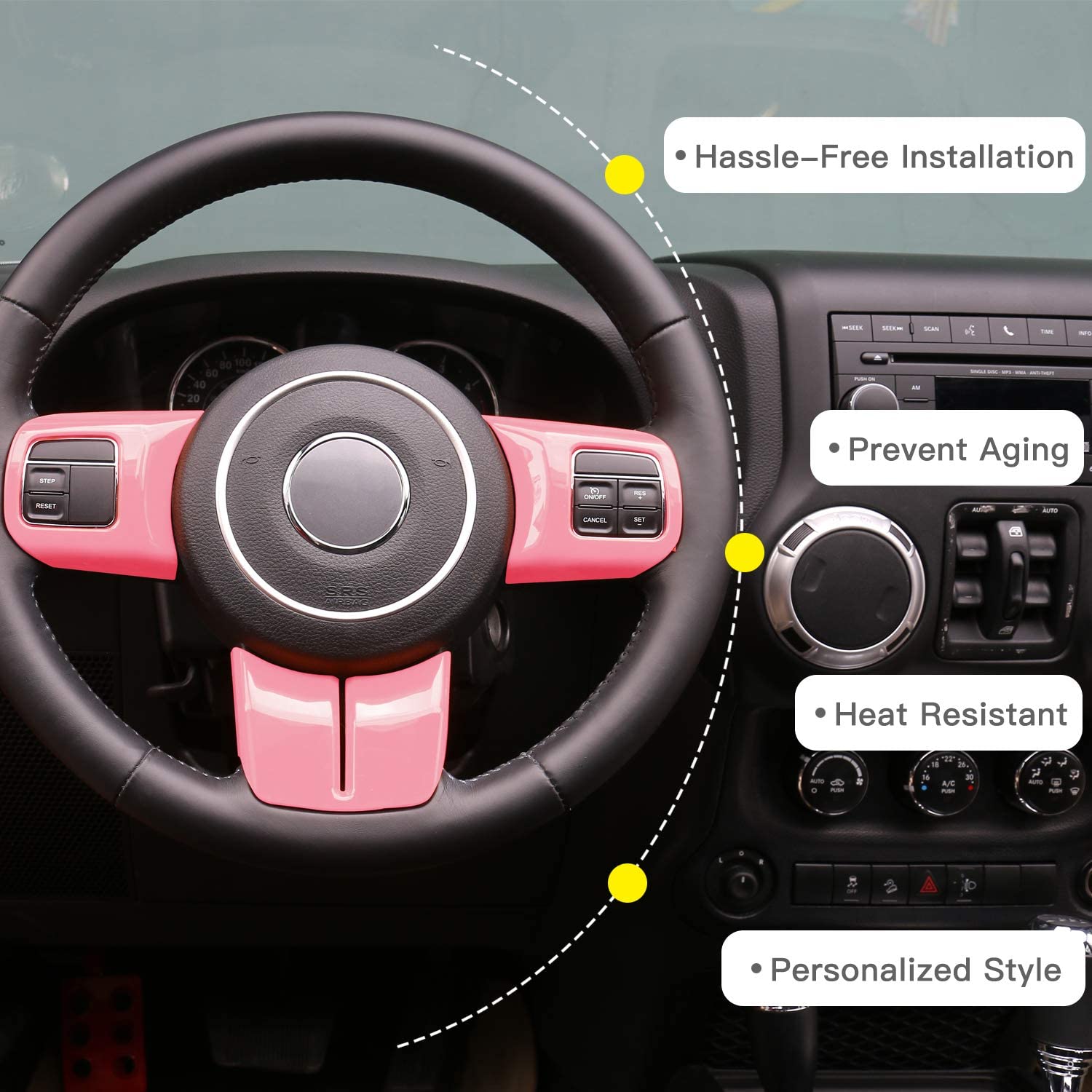 Interior Steering Wheel Decoration Trim Kits for 2011-2018 Jeep Wrangler JK/2011-2013 Grand Cherokee/2011-2016 Jeep Compass & Patriot, Pink - Delicate Leather