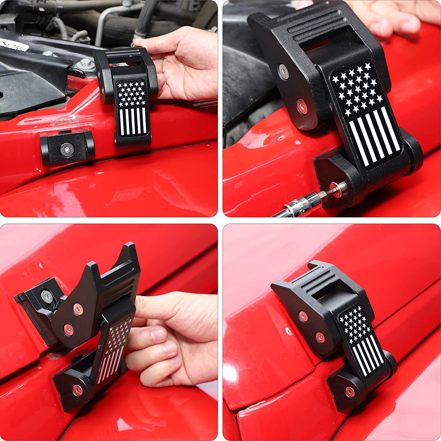 2PC Aluminum Hood Latches Catch Kit with U.S. Flag Style for Wrangler JK JKU 2007-2018 - Delicate Leather