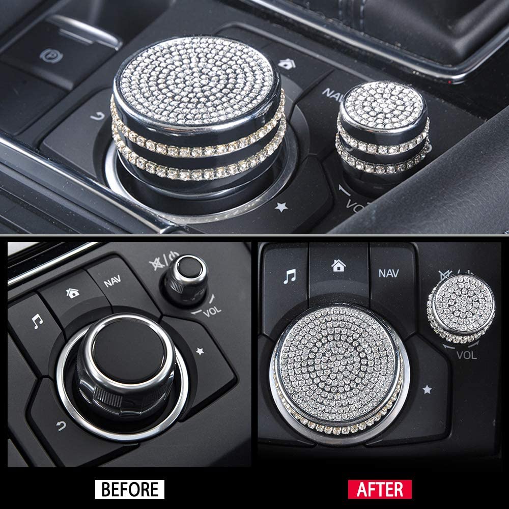Car Interior Bling Accessories for 3 6 CX-3 CX-5 CX-9 CX3 CX5 CX9 Volume Media Multimedia Knobs Decals Stickers Covers Cap Parts Decoration Men Women Zinc Alloy Crystal Silver Pack of 2 - Delicate Leather