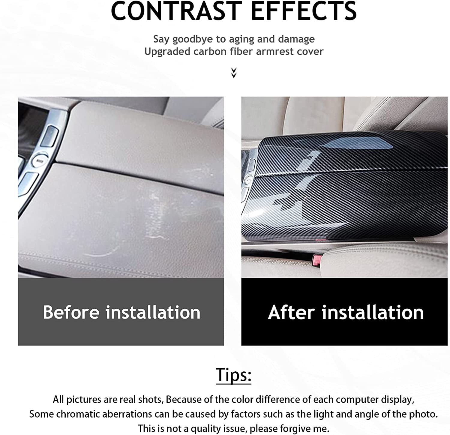 Center Armrest Box Cover for F01 F02, Carbon Fiber Console Box Storage Box Trim Covers for 7 Series 2009-2015 - Delicate Leather