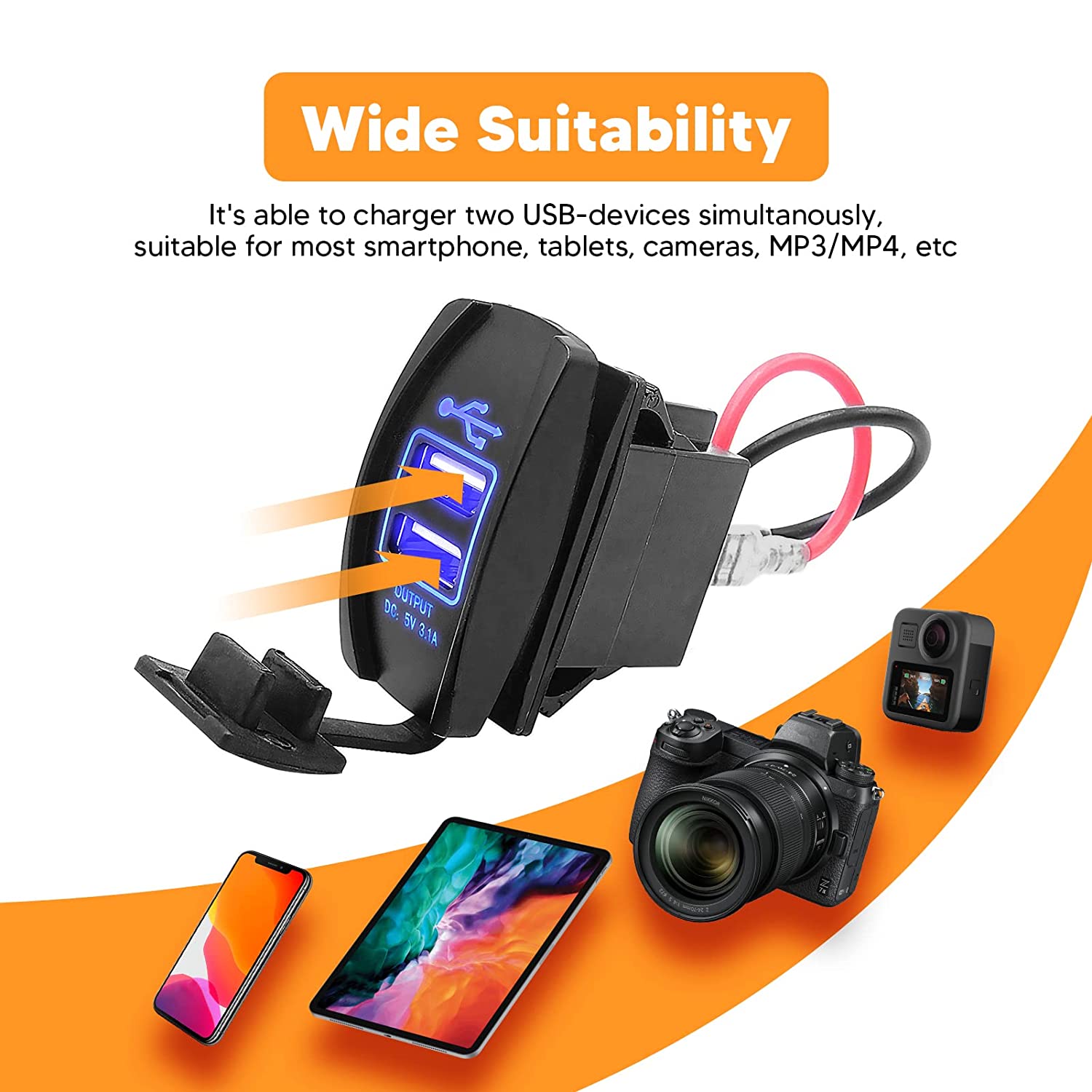 Universal Dual USB Power Charger Carling ARB Rocker Switch Blue LED Light Compatible with Any 12-24V car, Motorcycle, Electric car, ATV, UTV, Boat etc - Delicate Leather