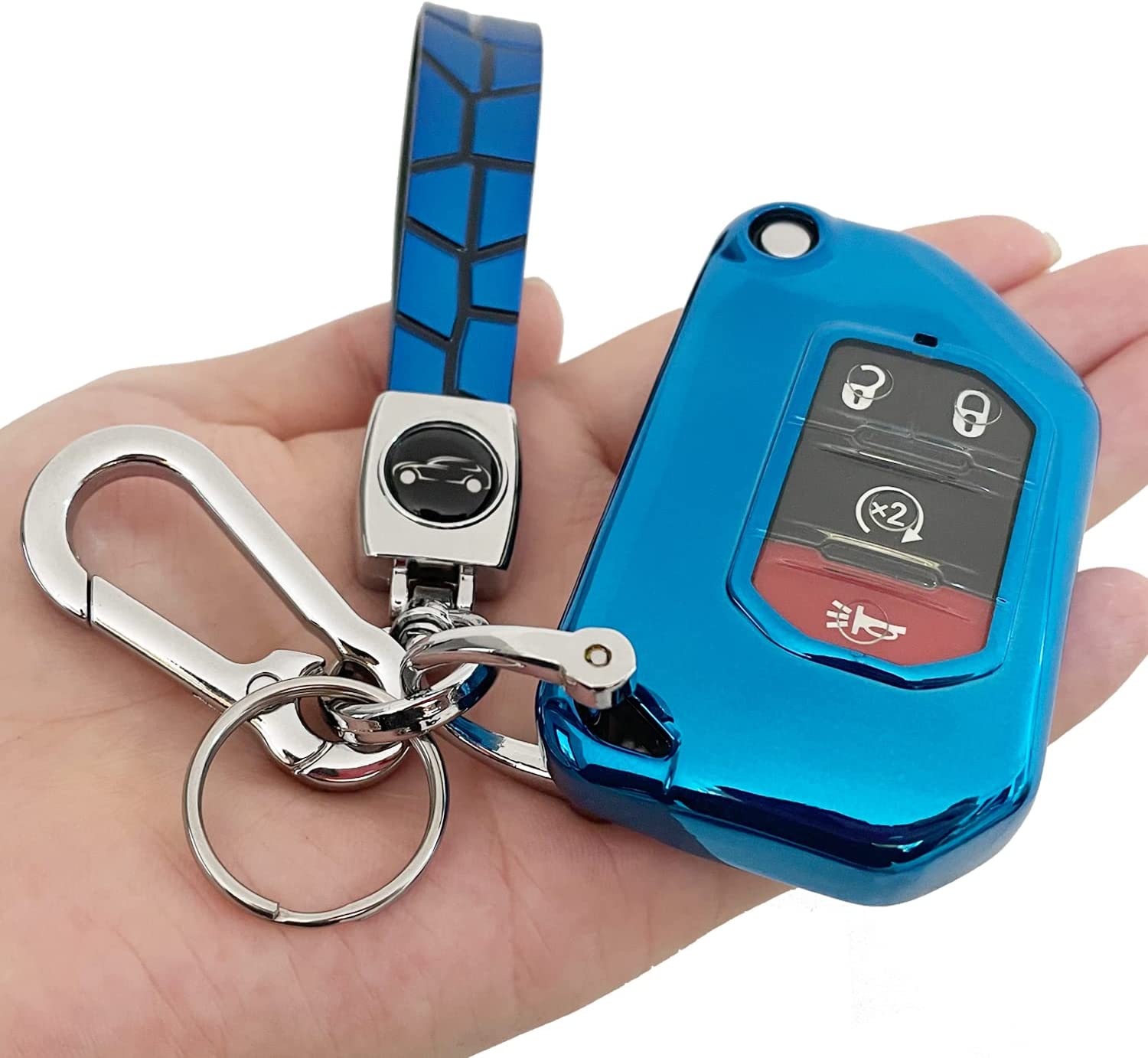 Key Fob Case Cover Holder for 2018-2023 Jeep Wrangler Gladiator, JL JLU Sahara Rubicon The Sport JT Overland Sport S, Smart Keyless Remote Accessories(2 3 4-Buttons, Blue) - Delicate Leather