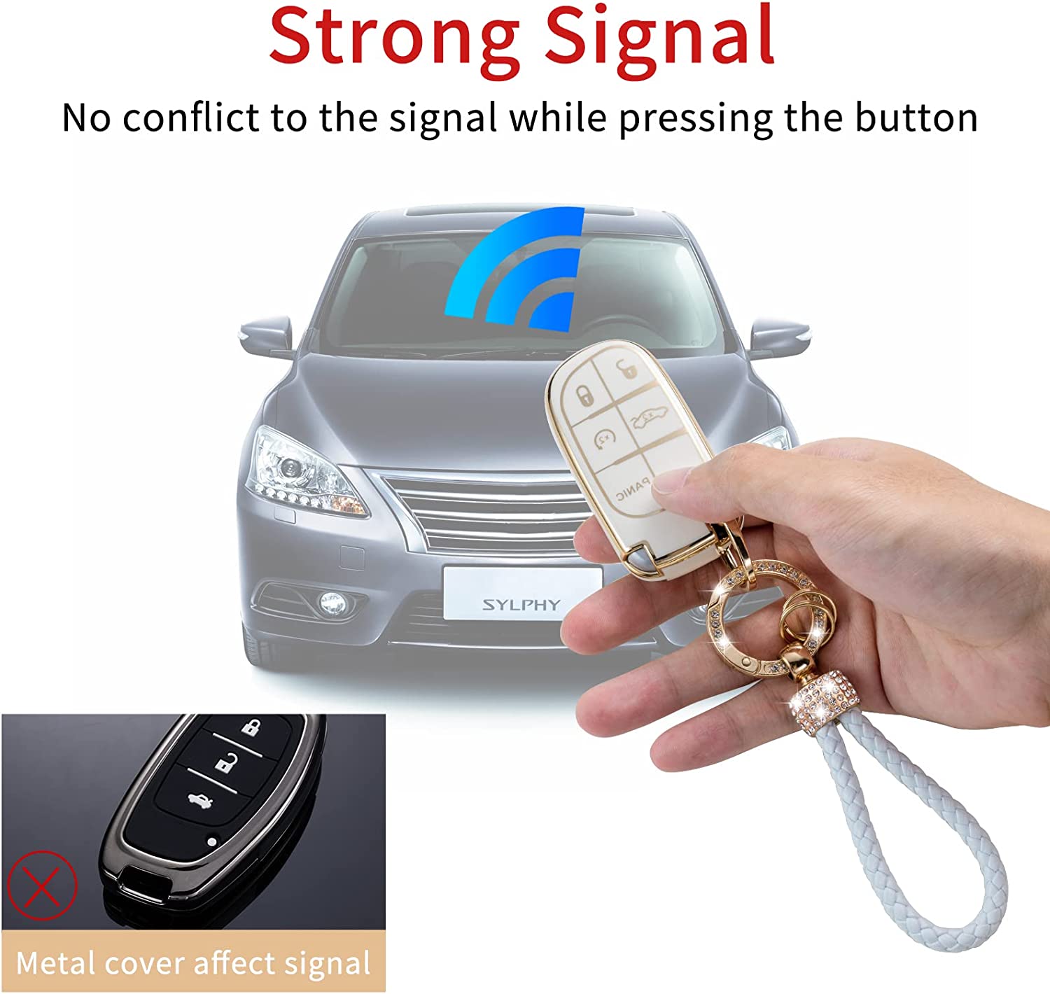 Jeep Key Fob Cover with Keychain Lanyard Compatible with Grand Cherokee Renegade Wrangler Patriot Grand Commander Smart Key Holder - Delicate Leather