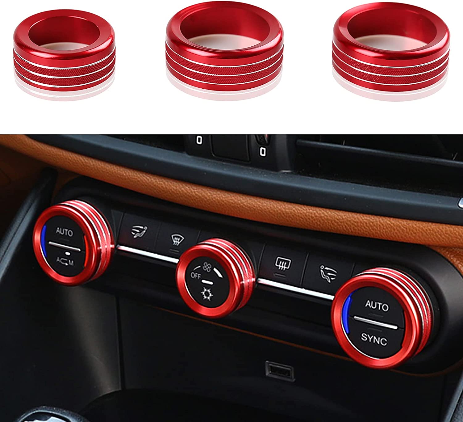3PCS Car AC Knob Trim Air Conditioner Audio Cover Rotary Decoration Ring Sticker Decal Compatible with Giulia Stelvio 2017 2018 2019 Car Accessories - Delicate Leather