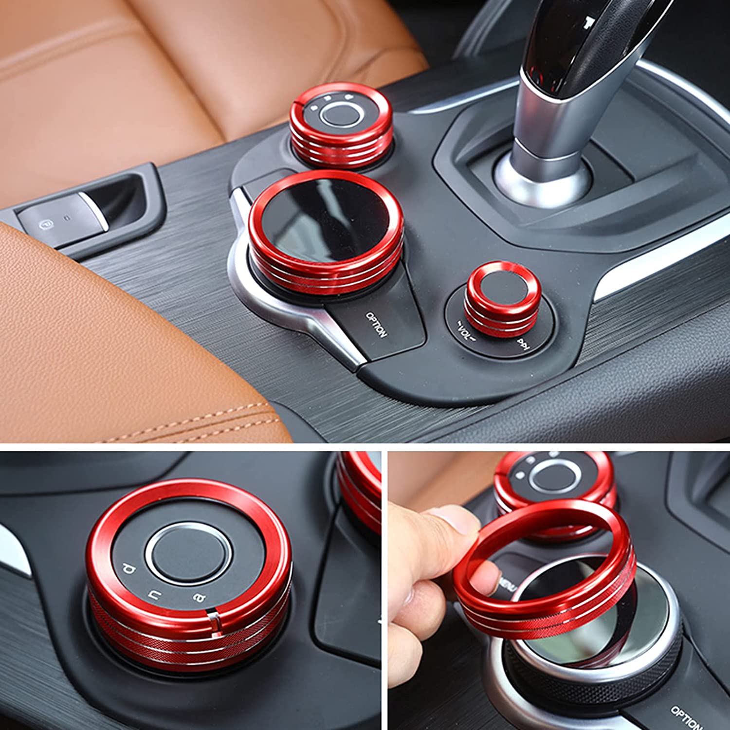 3PCS Car Multimedia Knob Cover Sticker Decal Interior Trim Compatible with Giulia Stelvio 2017 2018 2019 Interior Accessories - Delicate Leather