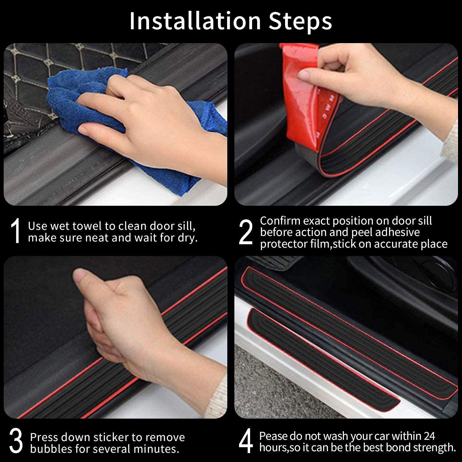 Black PVC Soft Rubber Car Door Sill Plate Protectors - Auto Front/Rear Door Sill Scuff Plate Guards, Door Pedal Protector,Door Sill Plates Pedal Covers 4PCS - Delicate Leather