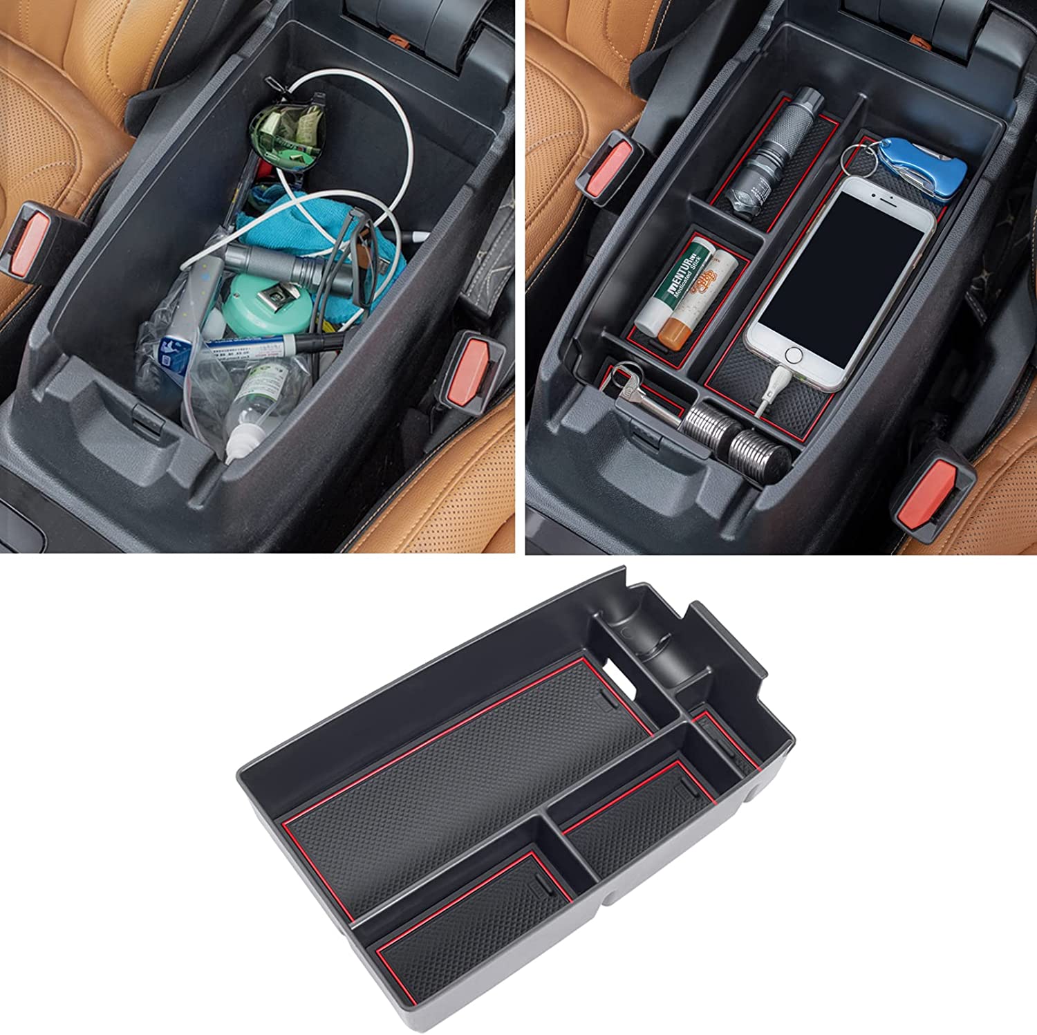 Center Console Organizer Sport 2021 2022 Accessories, Long Compartment Armrest Box Storage Tray Coin Container - Delicate Leather