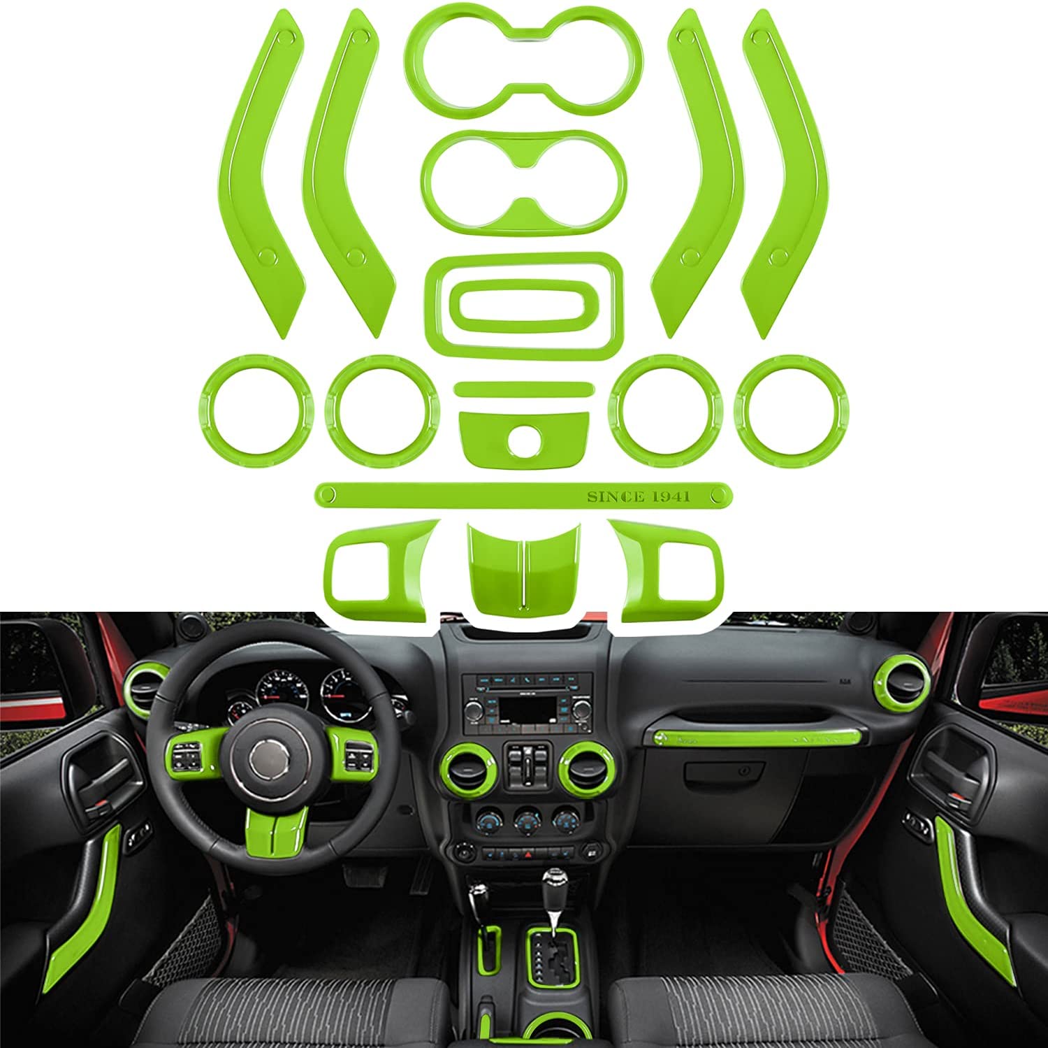 18 PCS Full Set Interior Decoration Trim Kit Steering Wheel Center Console Door Handle Air Conditioning Vent Cup Holder Gear Cover Trim Compatible with Wrangler JK JKU 2011-2018 4-Door - Delicate Leather